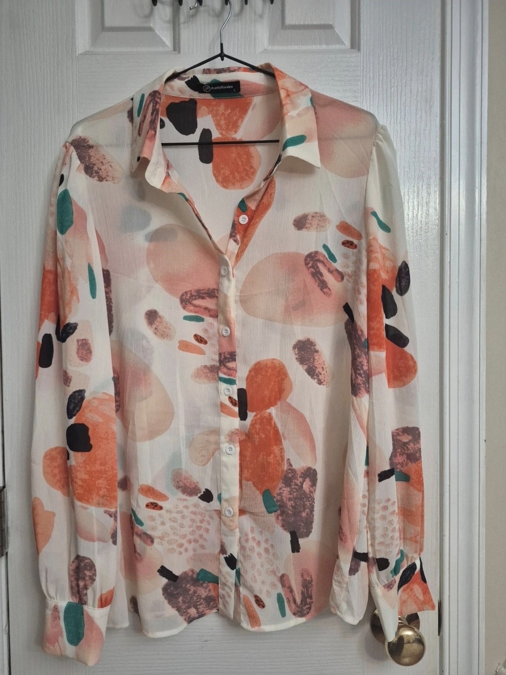 Lightweight Abstract Print Button-Down Shirt - Orange/Teal